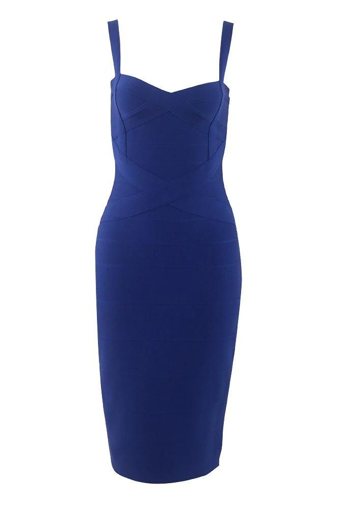 Woman wearing a figure flattering Heidi Bandage Midi Dress - Navy Blue Bodycon Collection