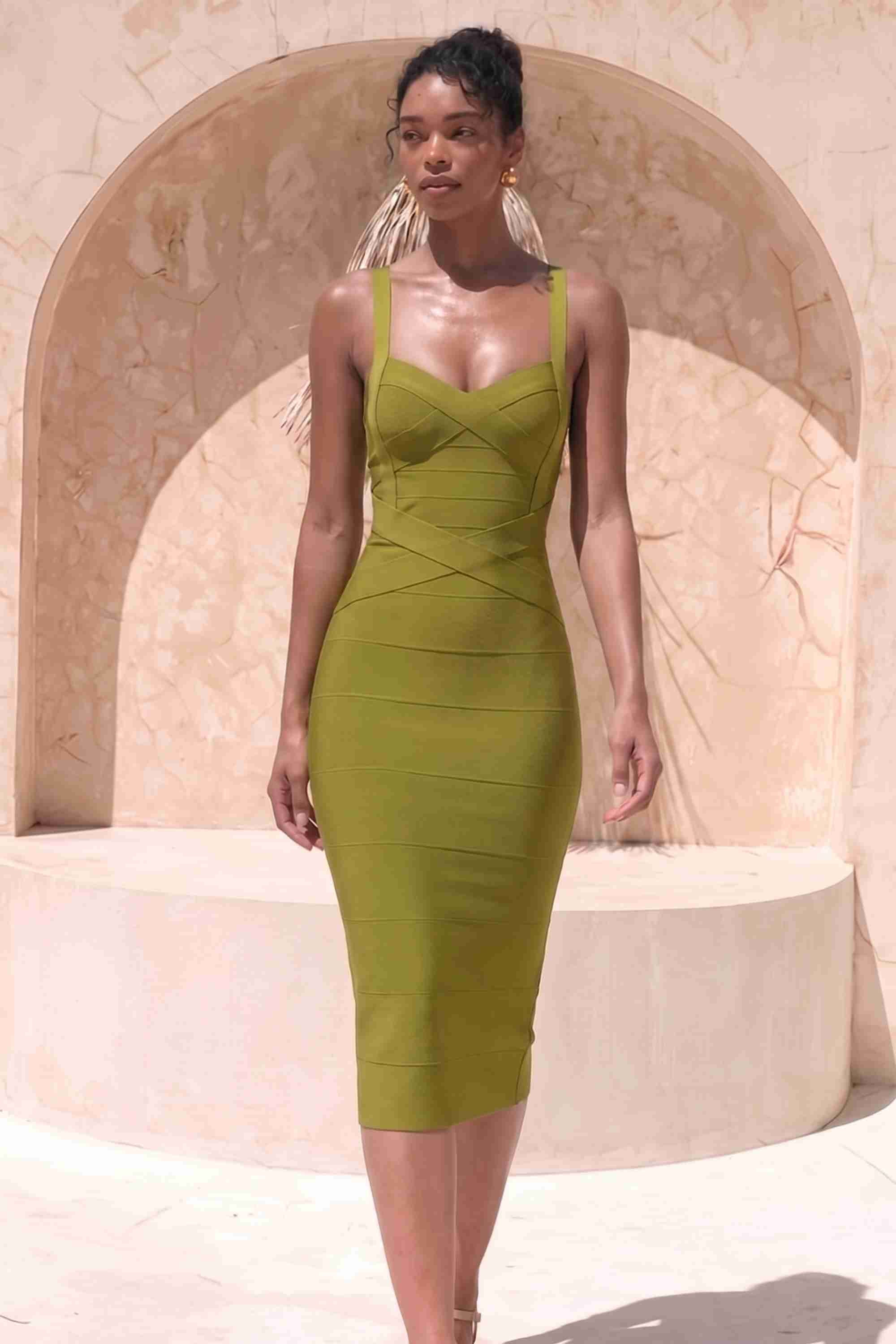 Woman wearing a figure flattering Heidi Bandage Midi Dress - Olive Green Bodycon Collection