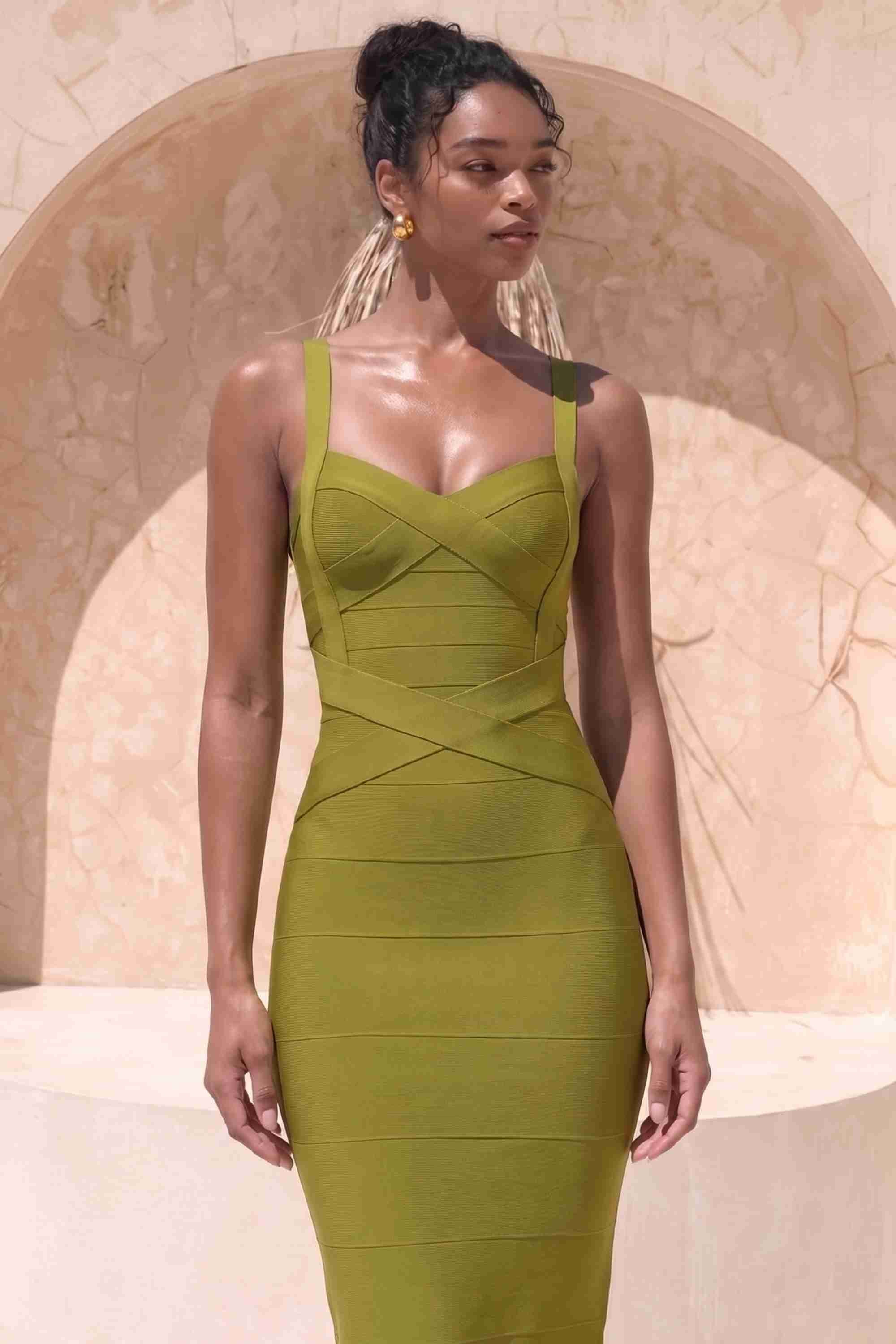 Woman wearing a figure flattering Heidi Bandage Midi Dress - Olive Green Bodycon Collection