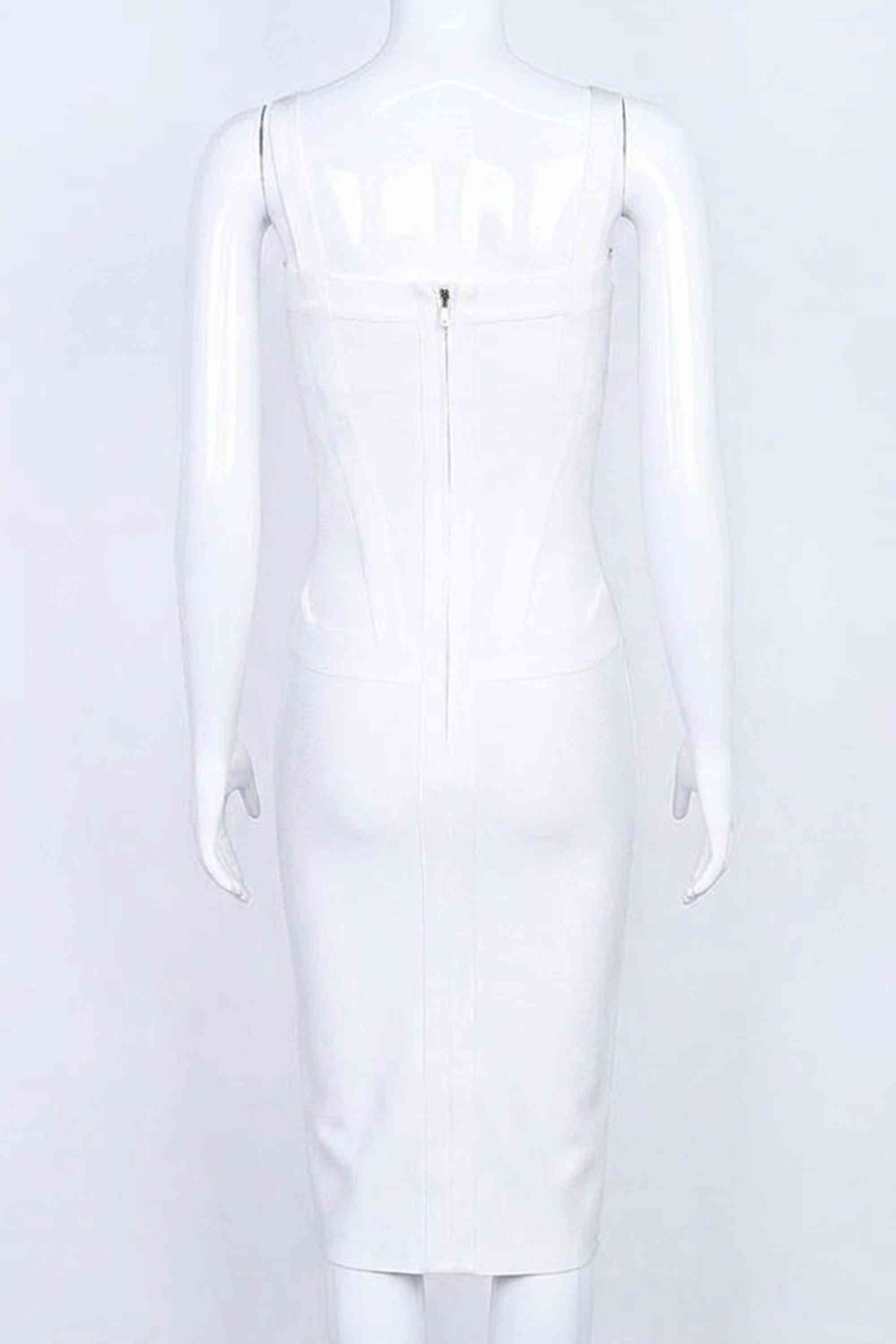 Woman wearing a figure flattering Heidi Bandage Midi Dress - Pearl White Bodycon Collection