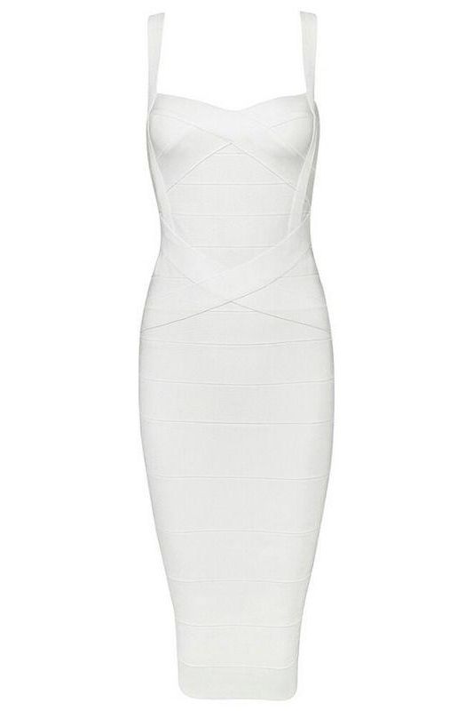 Woman wearing a figure flattering Heidi Bandage Midi Dress - Pearl White Bodycon Collection