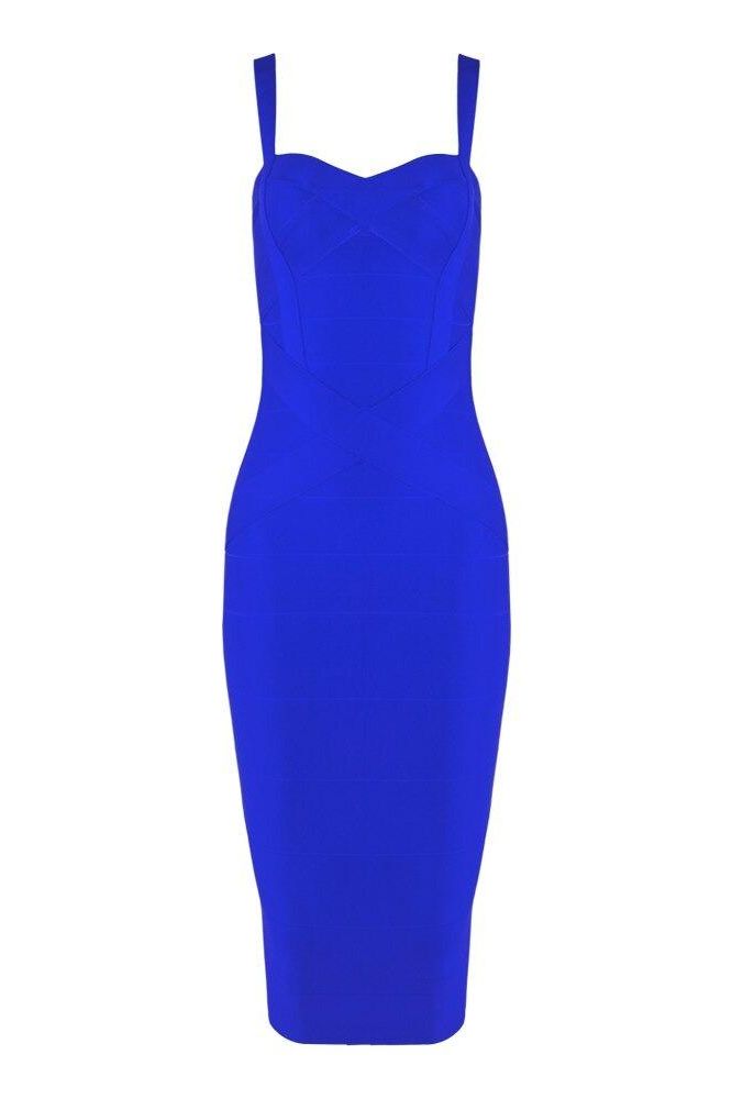 Woman wearing a figure flattering Heidi Bandage Midi Dress - Royal Blue Bodycon Collection