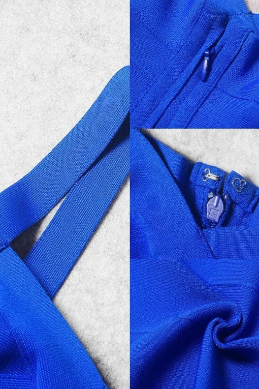 Woman wearing a figure flattering Heidi Bandage Midi Dress - Royal Blue Bodycon Collection