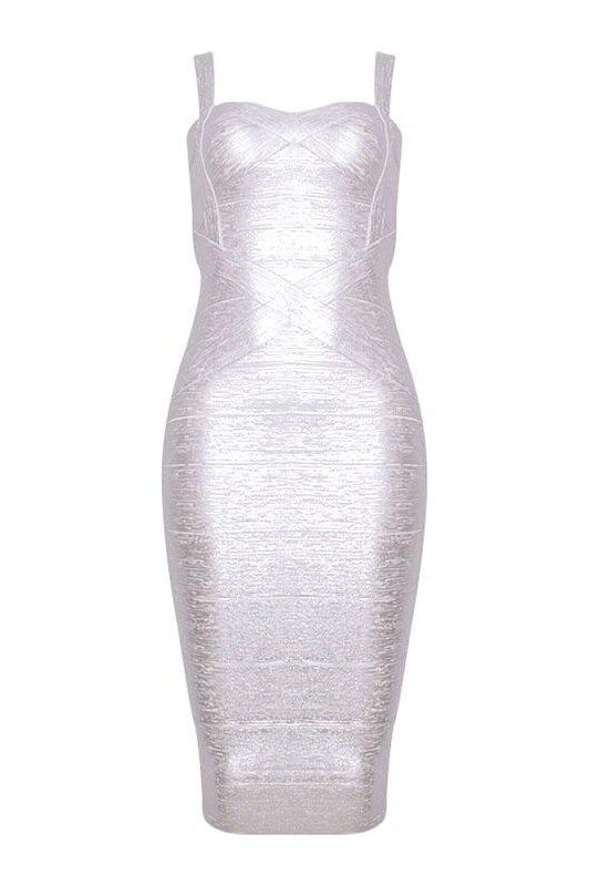 Woman wearing a figure flattering Heidi Bandage Midi Dress - Silver BODYCON COLLECTION