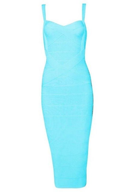 Woman wearing a figure flattering Heidi Bandage Midi Dress - Sky Blue Bodycon Collection