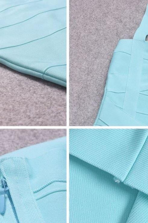 Woman wearing a figure flattering Heidi Bandage Midi Dress - Sky Blue Bodycon Collection