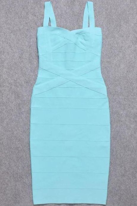 Woman wearing a figure flattering Heidi Bandage Midi Dress - Sky Blue Bodycon Collection