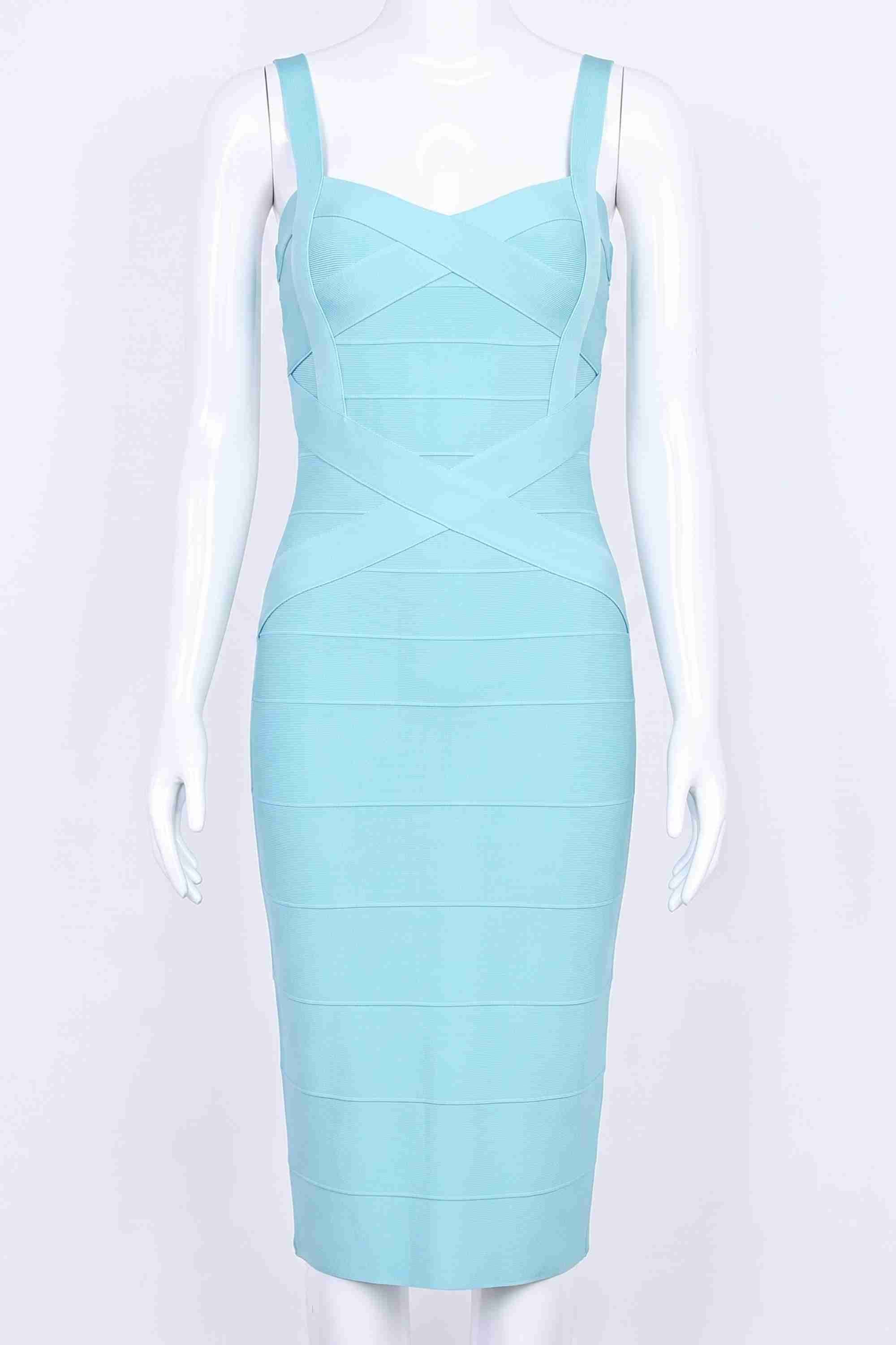 Woman wearing a figure flattering Heidi Bandage Midi Dress - Sky Blue Bodycon Collection