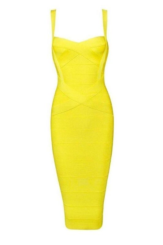 Woman wearing a yellow party dress Heidi Bandage Midi Dress - Sun Yellow Bodycon Collection