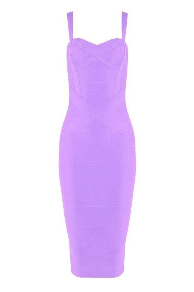 Woman wearing a figure flattering Heidi Bandage Midi Dress - Violet Bodycon Collection