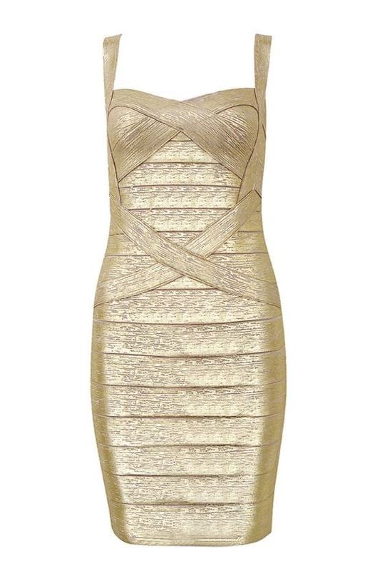 Woman wearing a figure flattering Heidi Bandage Mini Dress - Gold Bodycon Collection