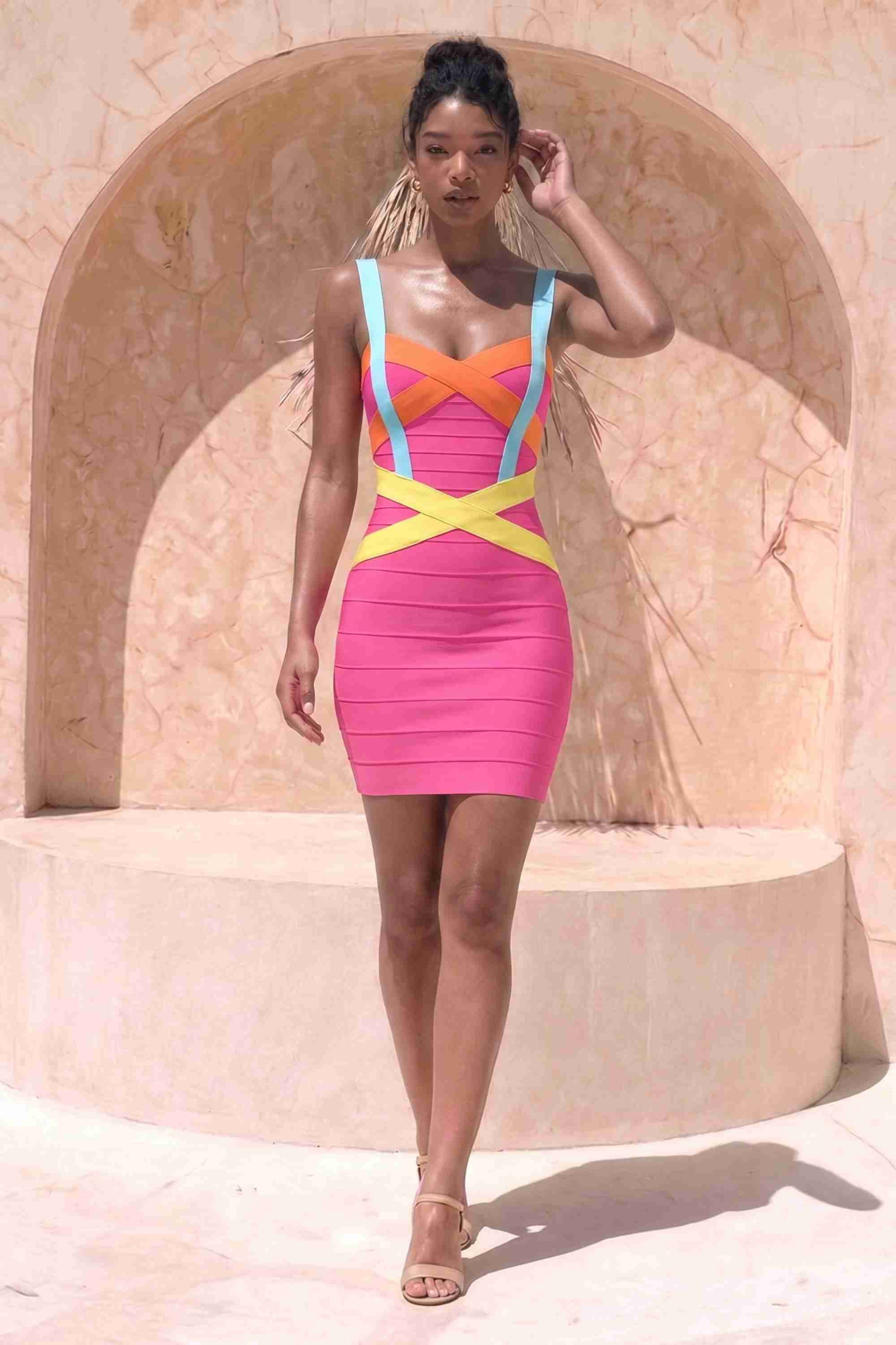 Woman wearing a figure flattering Heidi Bandage Mini Dress - Hot Pink Bodycon Collection