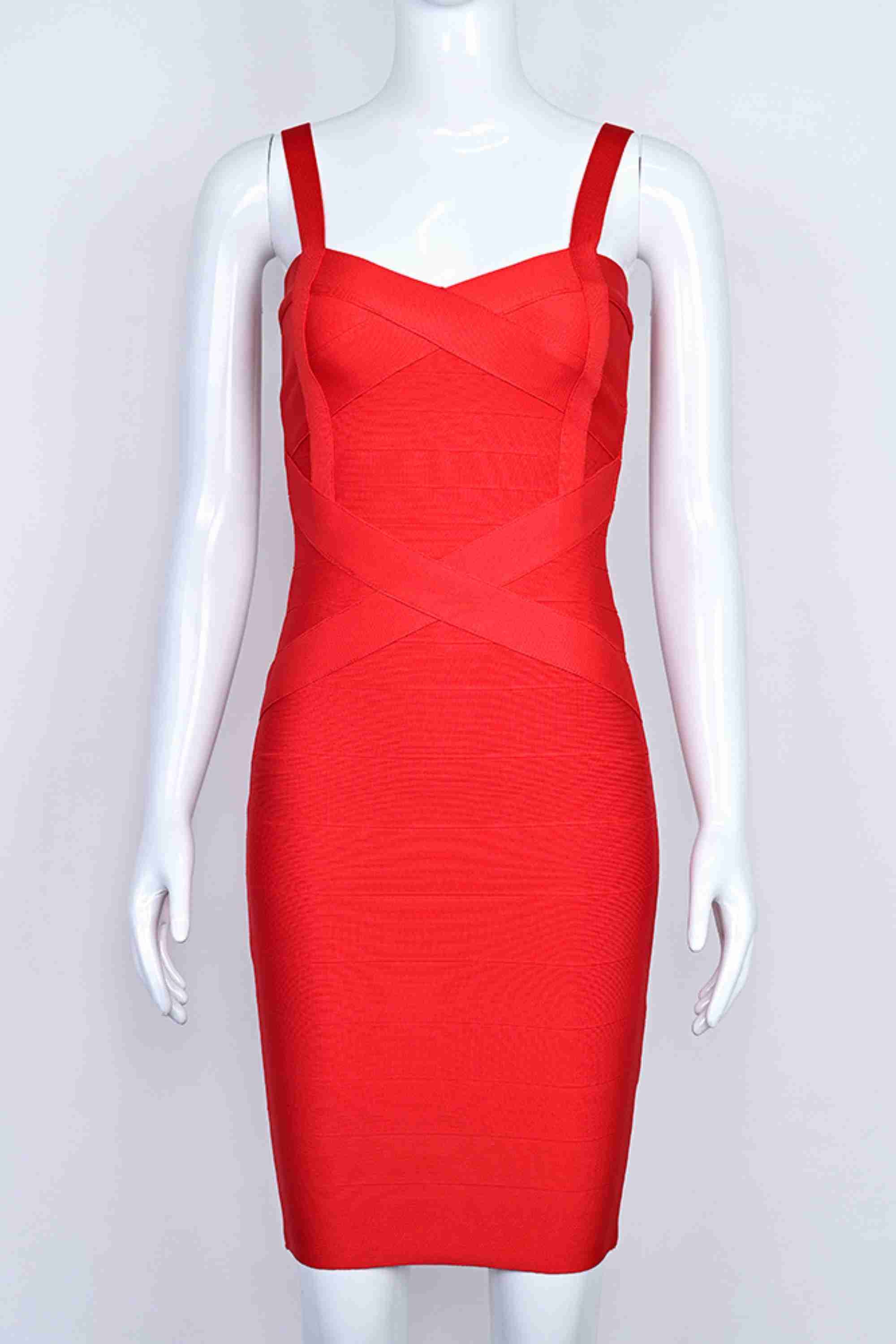 Woman wearing a figure flattering Heidi Bandage Mini Dress - Lipstick Red Bodycon Collection