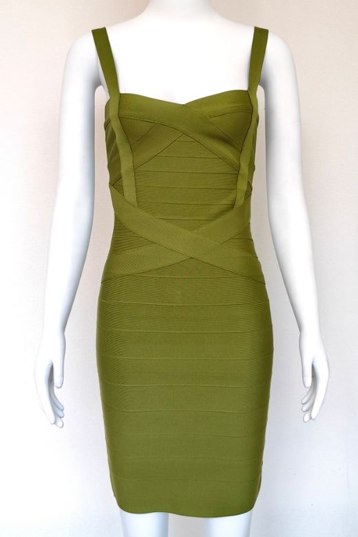 Woman wearing a figure flattering Heidi Bandage Mini Dress - Olive Green Bodycon Collection