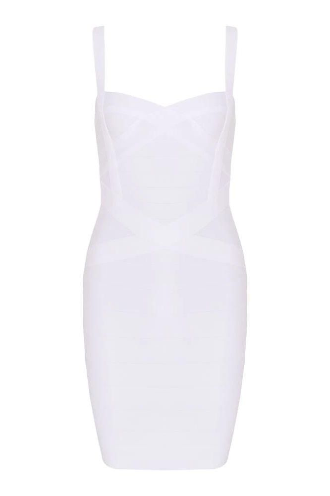 Woman wearing a figure flattering Heidi Bandage Mini Dress - Pearl White Bodycon Collection