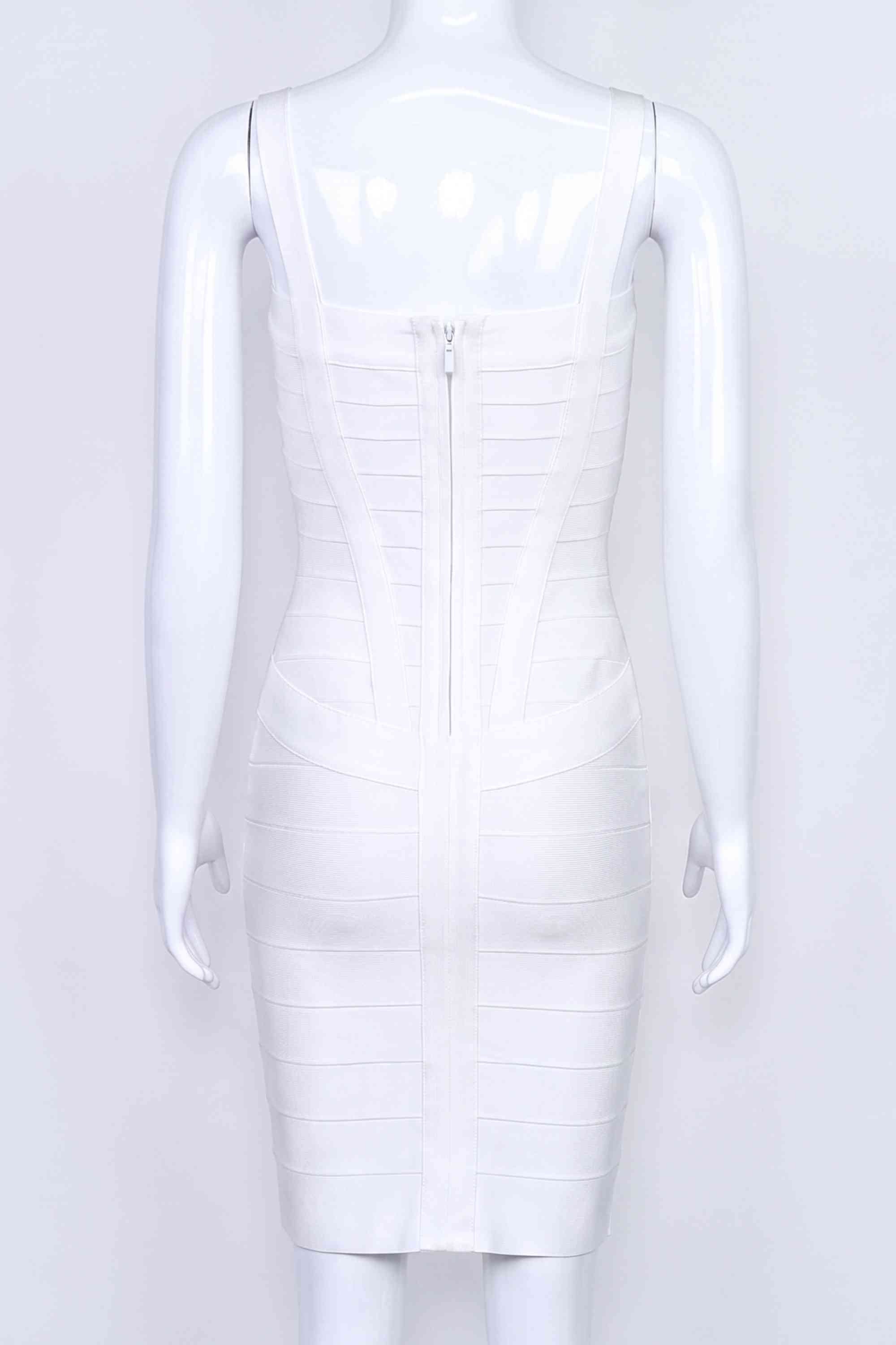 Woman wearing a figure flattering Heidi Bandage Mini Dress - Pearl White Bodycon Collection
