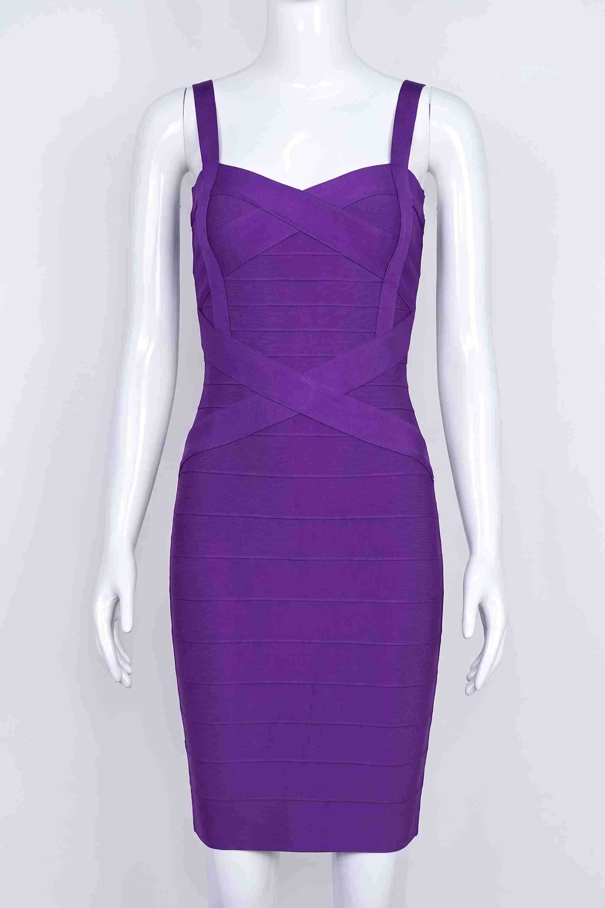 Woman wearing a figure flattering Heidi Bandage Mini Dress - Plum Purple Bodycon Collection