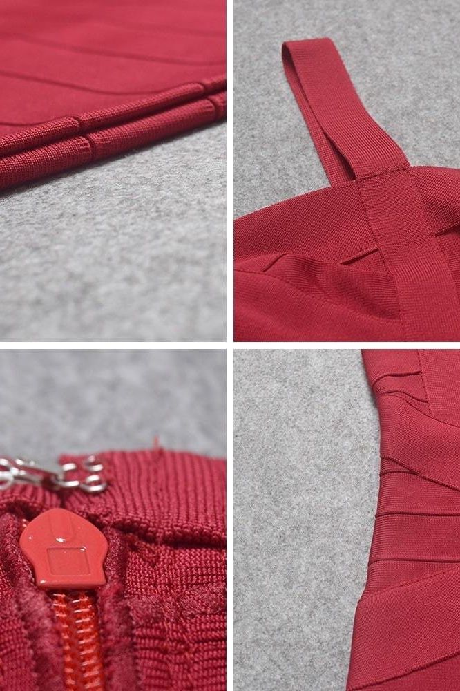 Woman wearing a figure flattering Heidi Bandage Mini Dress - Red Wine Bodycon Collection