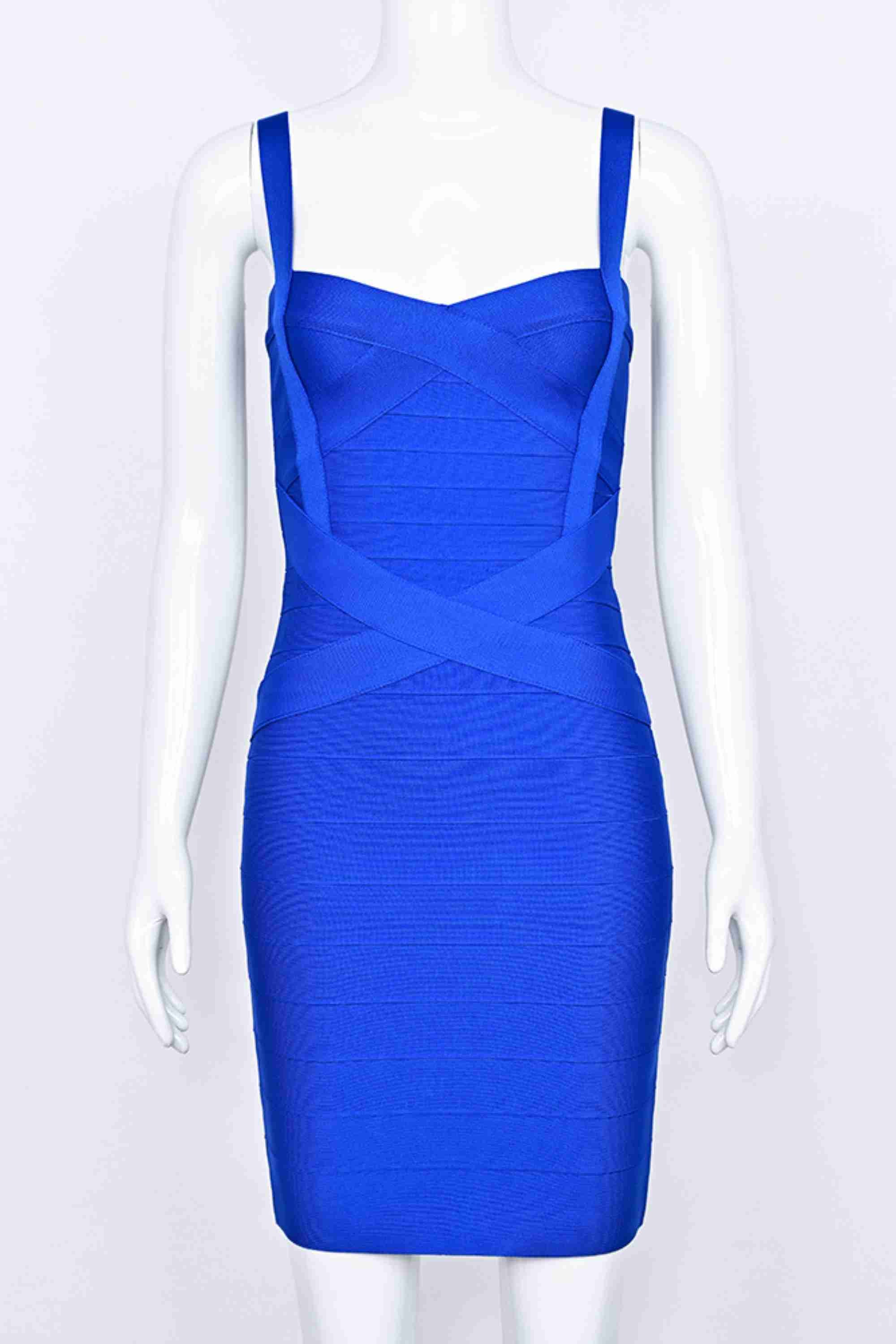 Woman wearing a figure flattering Heidi Bandage Mini Dress - Royal Blue Bodycon Collection