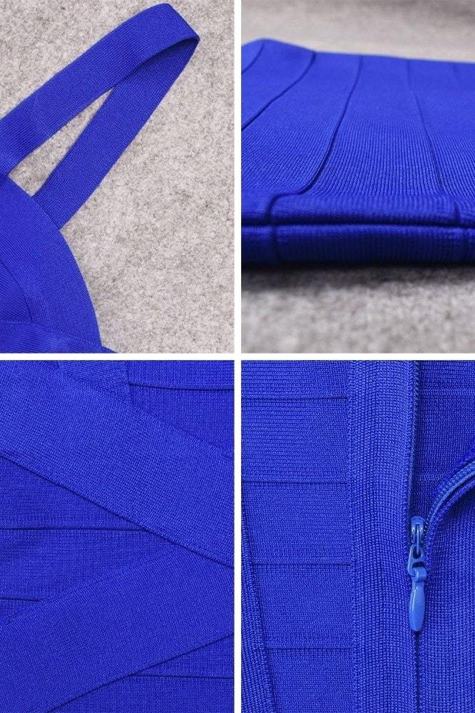 Woman wearing a figure flattering Heidi Bandage Mini Dress - Royal Blue Bodycon Collection