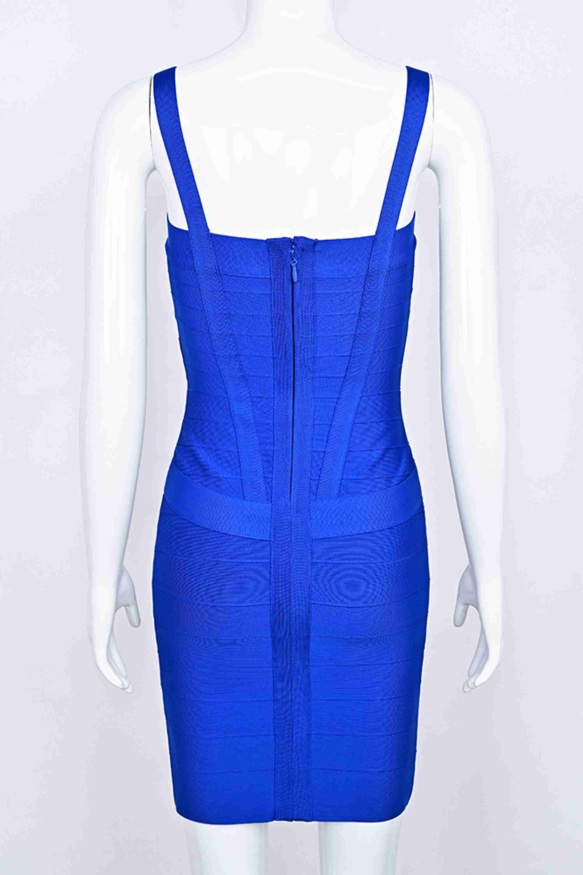 Woman wearing a figure flattering Heidi Bandage Mini Dress - Royal Blue Bodycon Collection
