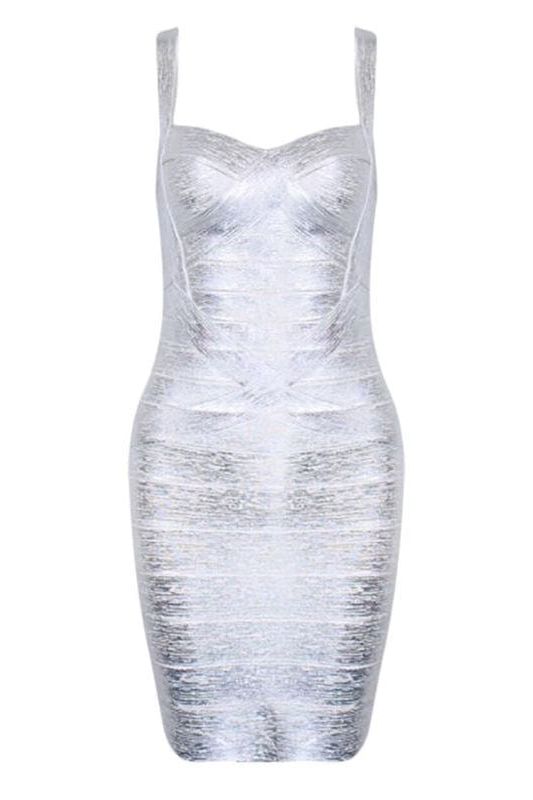 Woman wearing a figure flattering Heidi Bandage Mini Dress - Silver Bodycon Collection
