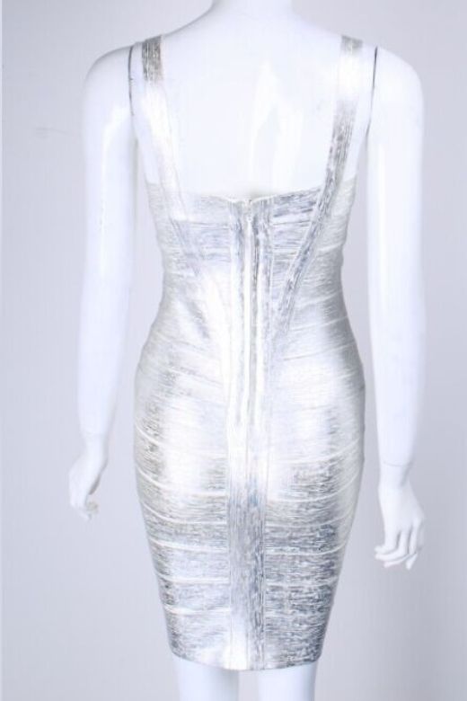 Woman wearing a figure flattering Heidi Bandage Mini Dress - Silver Bodycon Collection