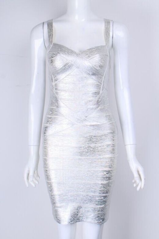 Woman wearing a figure flattering Heidi Bandage Mini Dress - Silver Bodycon Collection