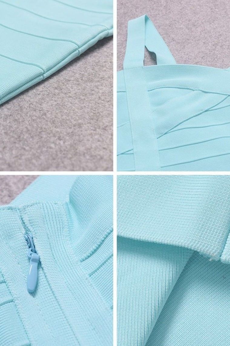 Woman wearing a figure flattering Heidi Bandage Mini Dress - Sky Blue Bodycon Collection