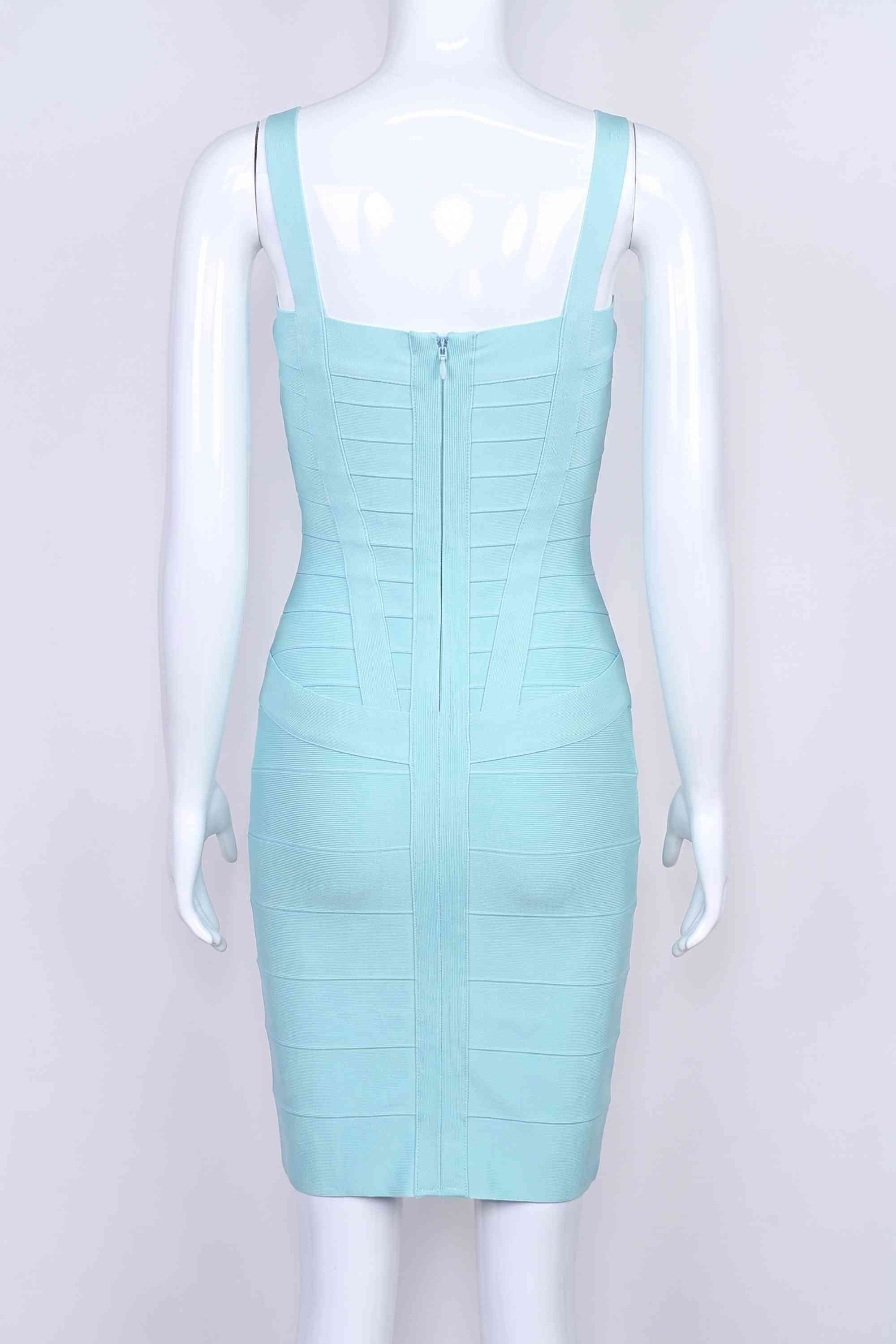 Woman wearing a figure flattering Heidi Bandage Mini Dress - Sky Blue Bodycon Collection
