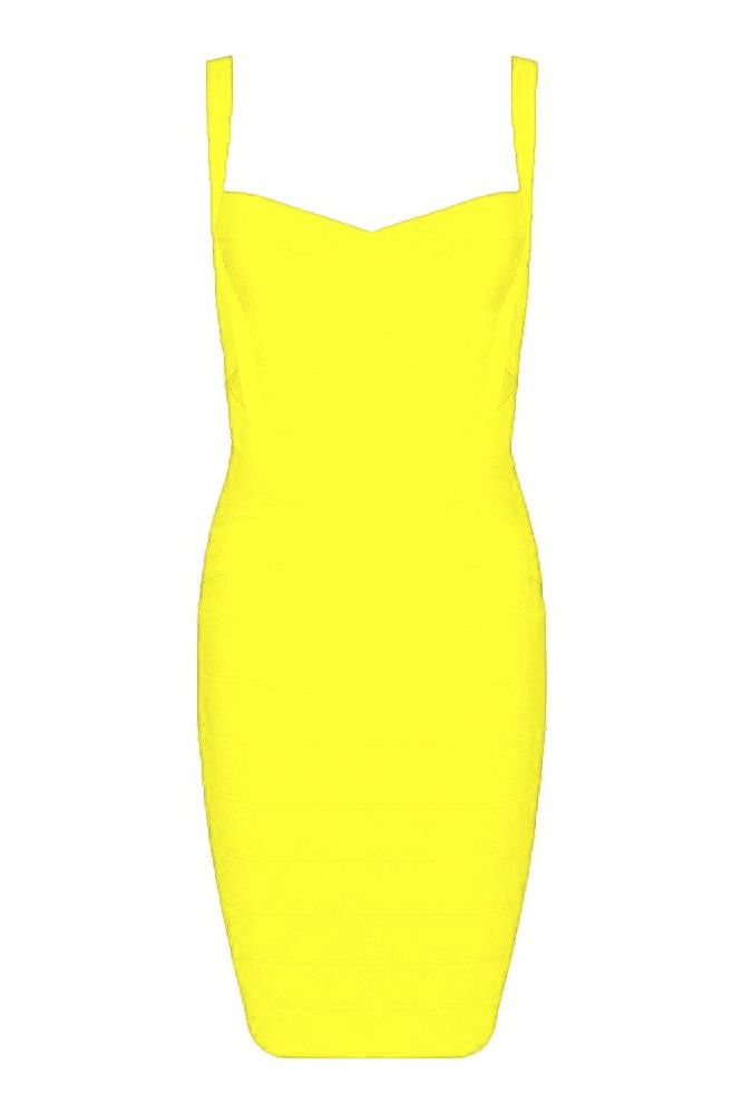 Woman wearing a figure flattering Heidi Bandage Mini Dress - Sun Yellow Bodycon Collection