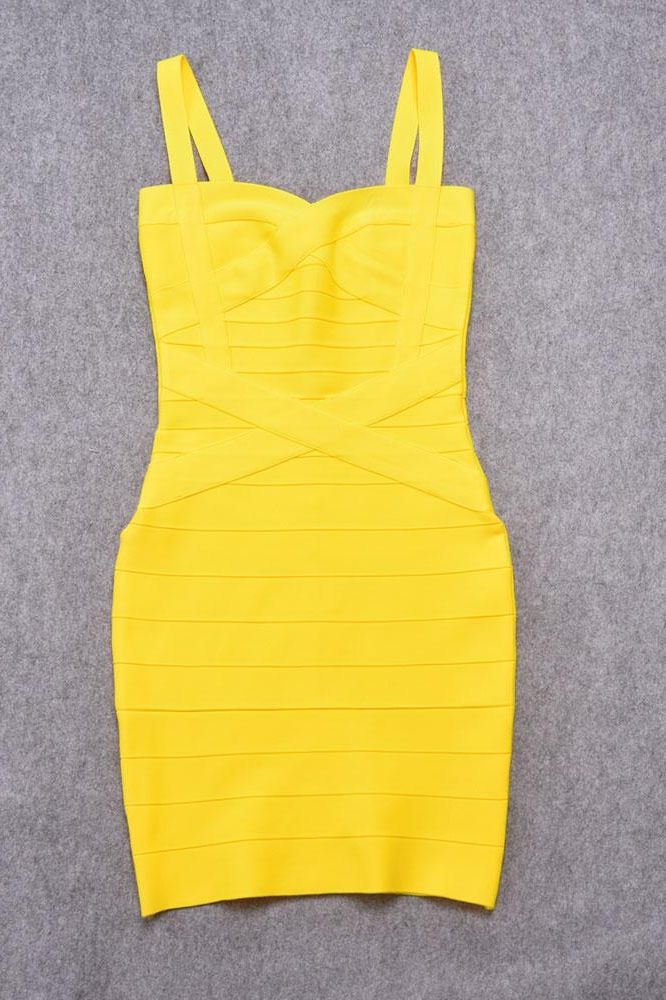 Woman wearing a figure flattering Heidi Bandage Mini Dress - Sun Yellow Bodycon Collection