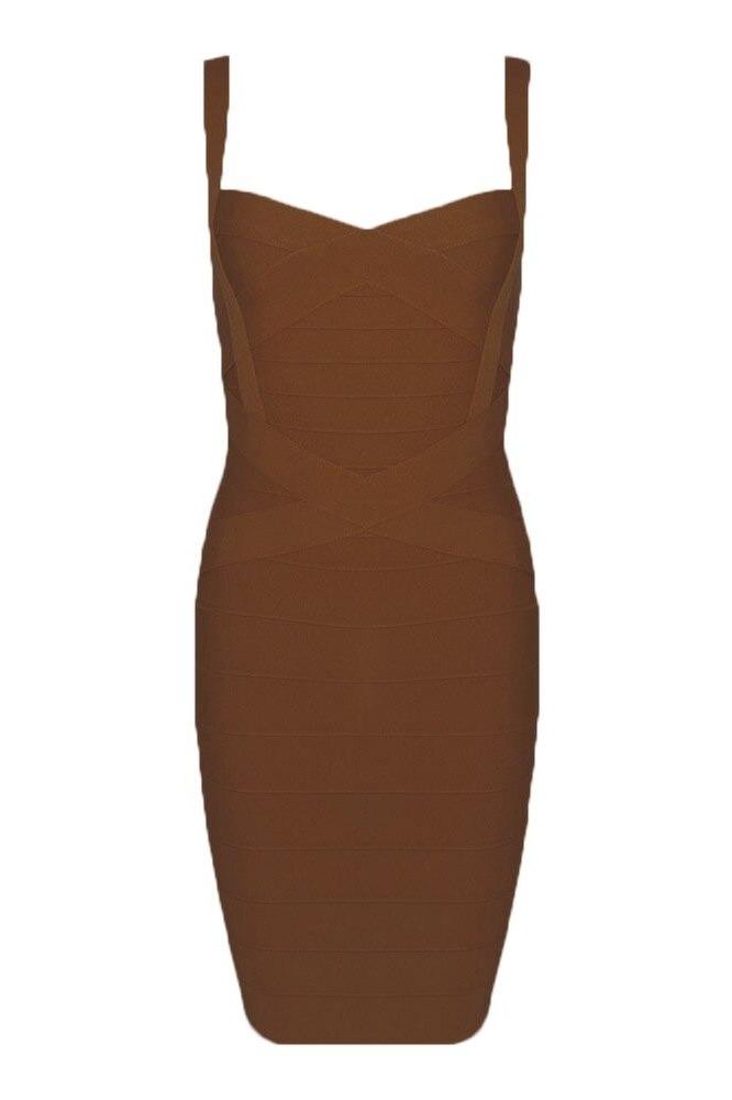 Woman wearing a figure flattering Heidi Bandage Mini Dress - Tan Brown Bodycon Collection