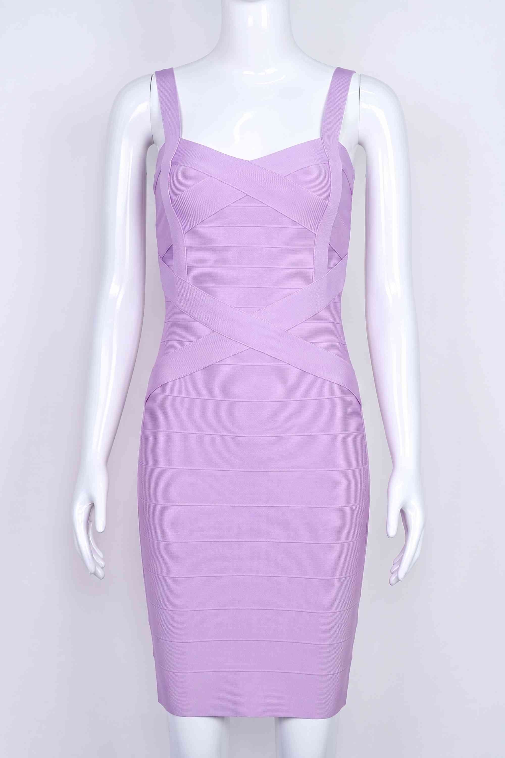 Woman wearing a figure flattering Heidi Bandage Mini Dress - Violet Bodycon Collection
