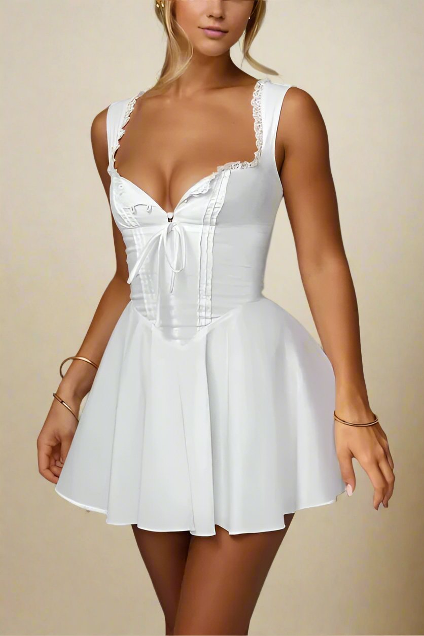 Woman wearing a figure flattering Adelyn Bodycon Mini Dress - Pearl White BODYCON COLLECTION