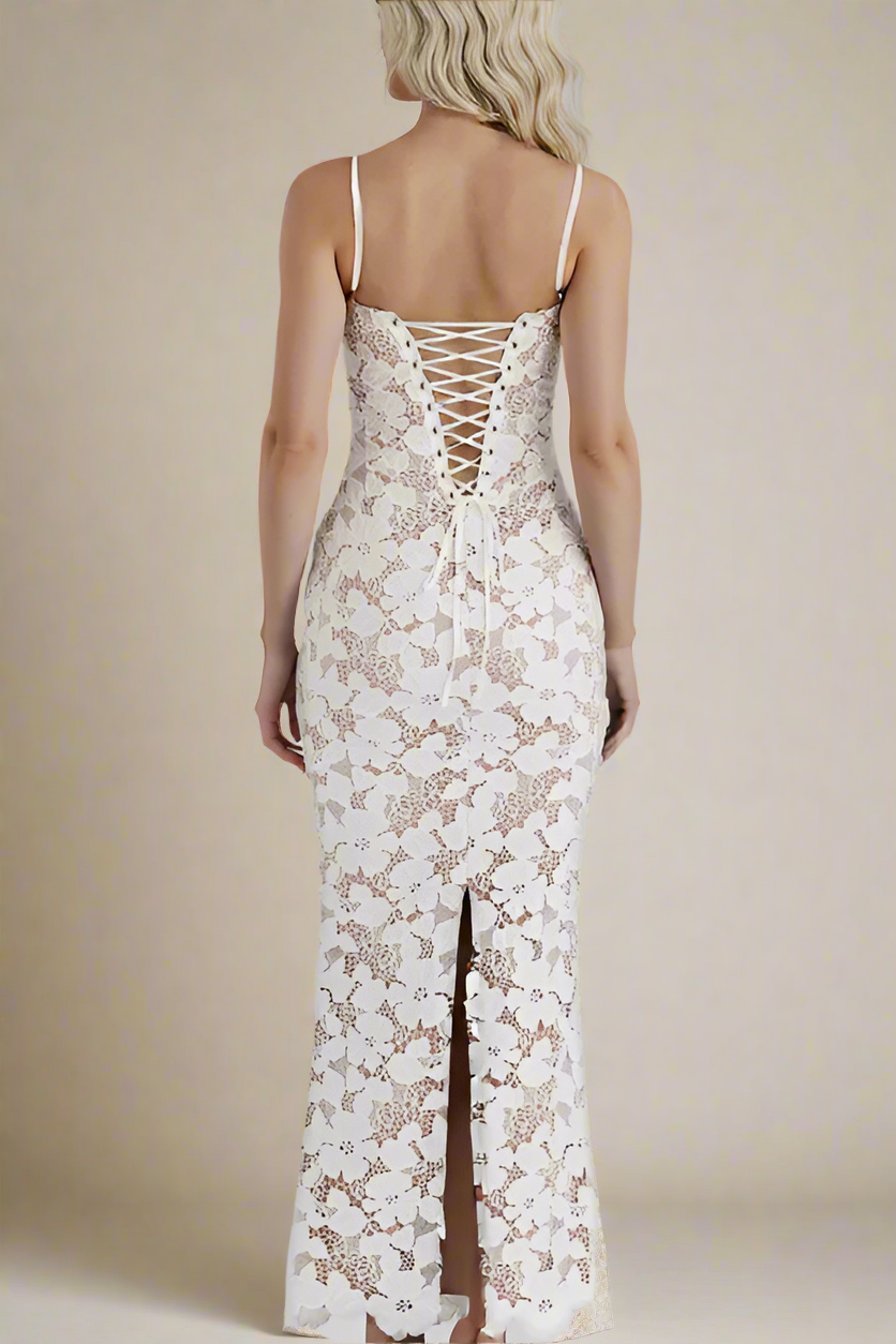 Woman wearing a figure flattering Honor Bodycon Maxi Dress - White Pearl BODYCON COLLECTION