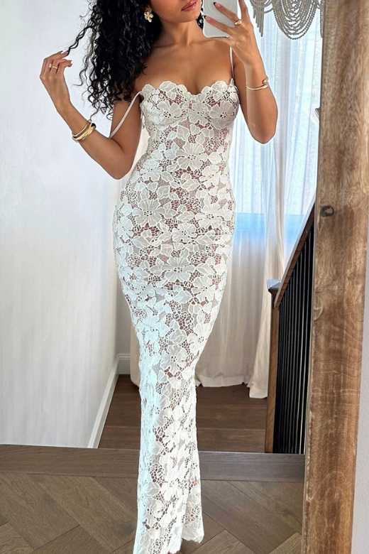 Woman wearing a figure flattering Honor Bodycon Maxi Dress - White Pearl BODYCON COLLECTION