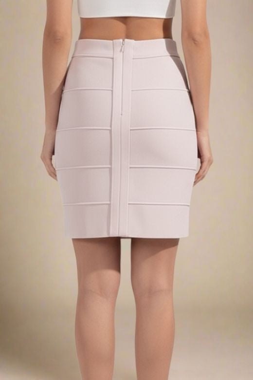 Woman wearing a figure flattering High Waist Bandage Mini Skirt - Cream BODYCON COLLECTION