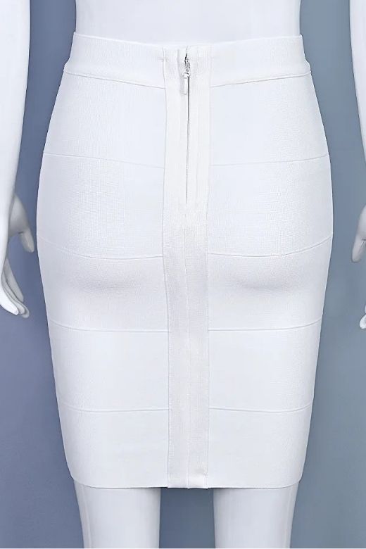 Woman wearing a figure flattering High Waist Bandage Mini Skirt - White Pearl BODYCON COLLECTION