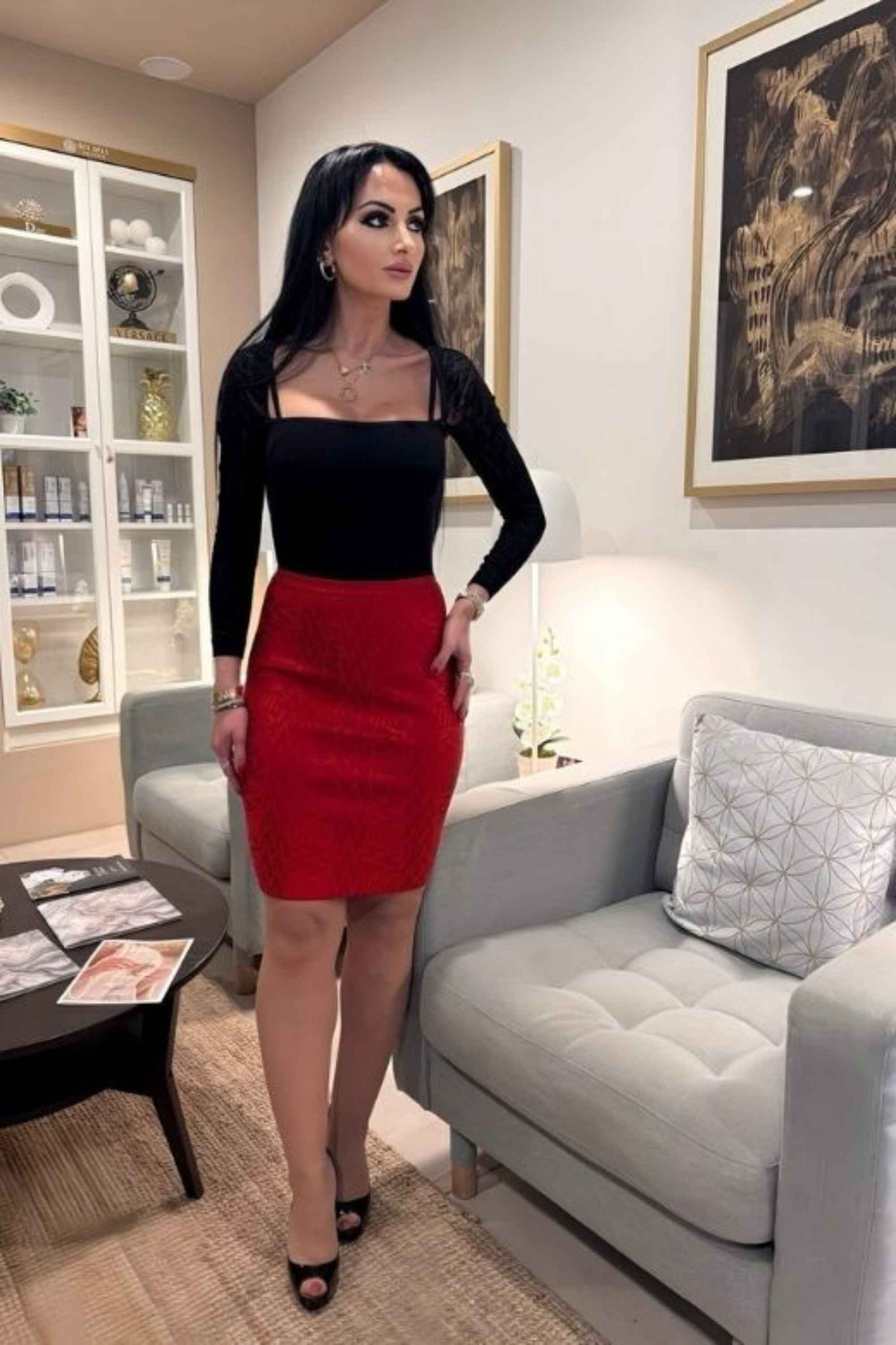 Woman wearing a figure flattering High Waist Leather Pencil Skirt Mini Length - Gold Print BODYCON COLLECTION