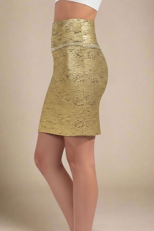 Woman wearing a figure flattering High Waist Leather Pencil Skirt Mini Length - Metallic Gold Black BODYCON COLLECTION