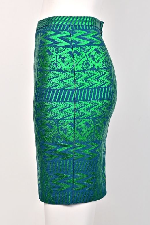 Woman wearing a figure flattering High Waist Metallic Leather Mini Skirt - Emerald Green BODYCON COLLECTION