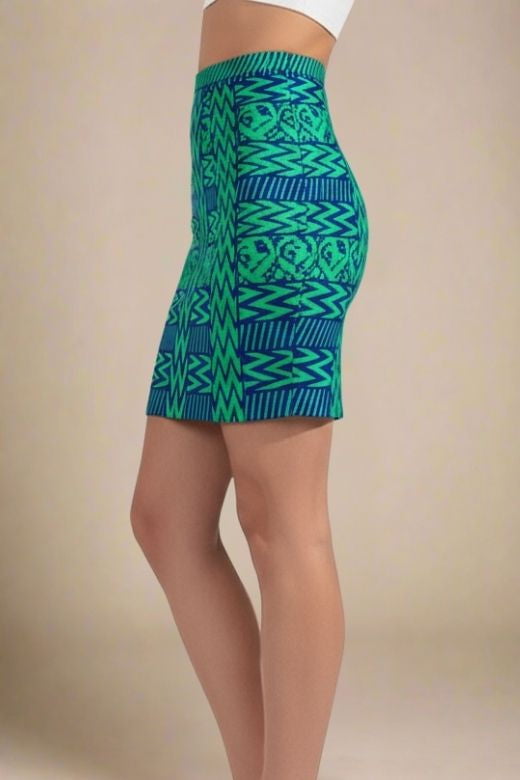 Woman wearing a figure flattering High Waist Metallic Mini Skirt - Emerald Green BODYCON COLLECTION