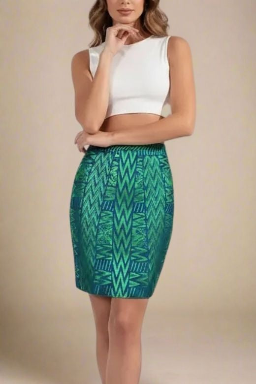 Woman wearing a figure flattering High Waist Metallic Mini Skirt - Emerald Green BODYCON COLLECTION