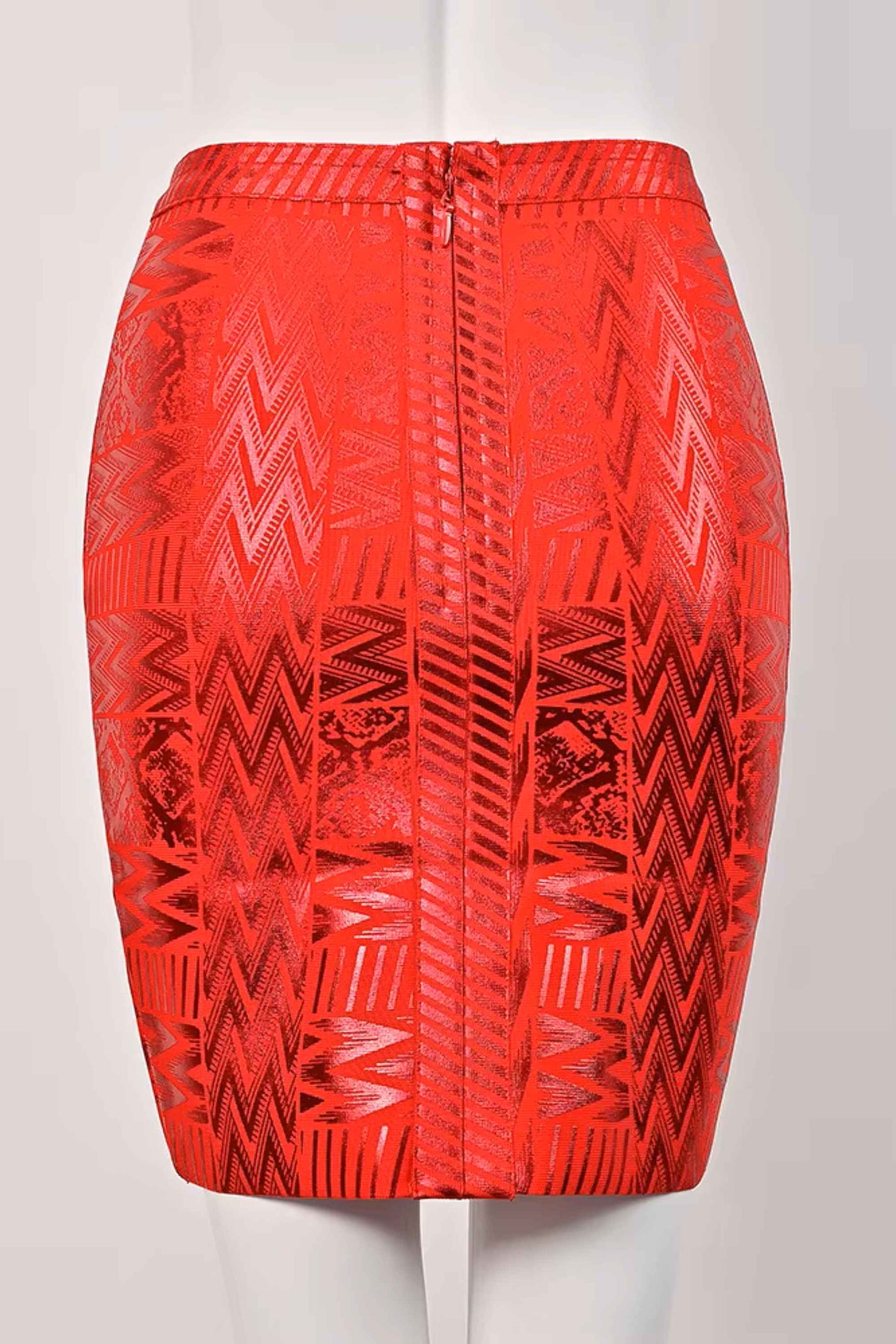 Woman wearing a figure flattering High Waist Metallic Mini Skirt - Lipstick Red BODYCON COLLECTION