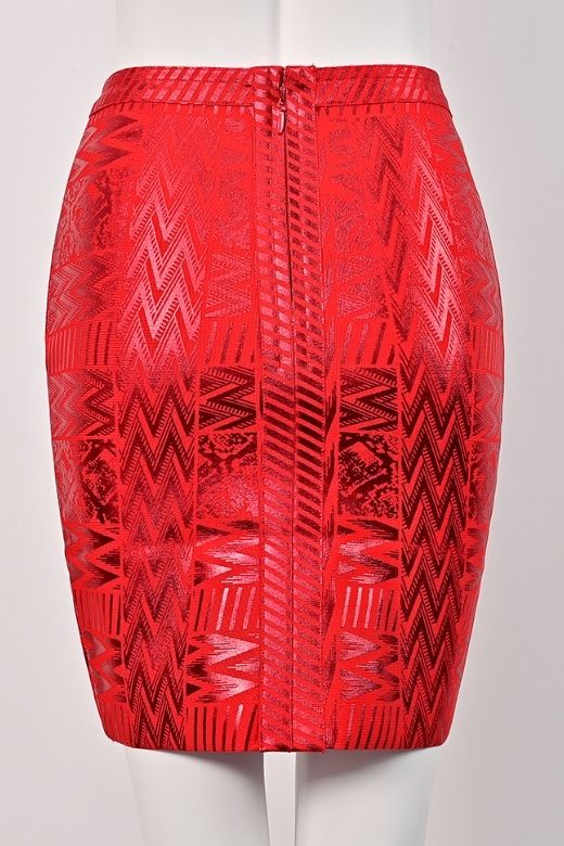 Woman wearing a figure flattering High Waist Metallic Mini Skirt - Lipstick Red BODYCON COLLECTION