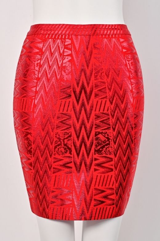 Woman wearing a figure flattering High Waist Metallic Mini Skirt - Lipstick Red BODYCON COLLECTION