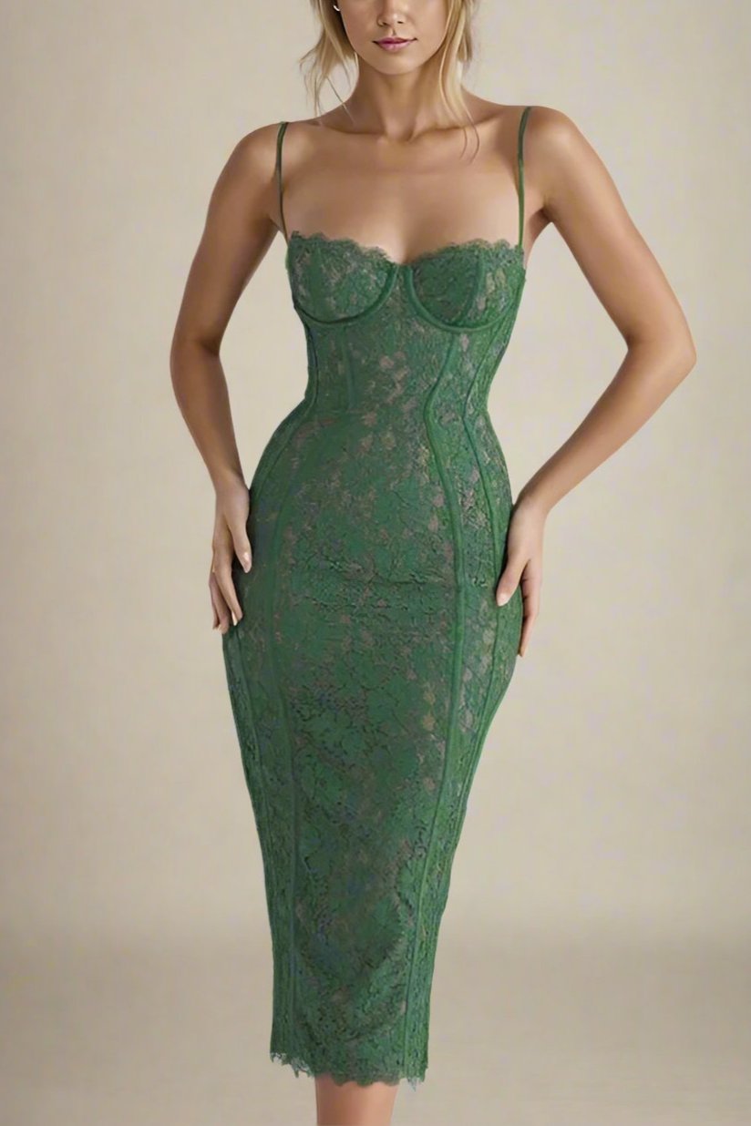 Woman wearing a figure flattering Honor Bodycon Midi Dress - Emerald Green BODYCON COLLECTION
