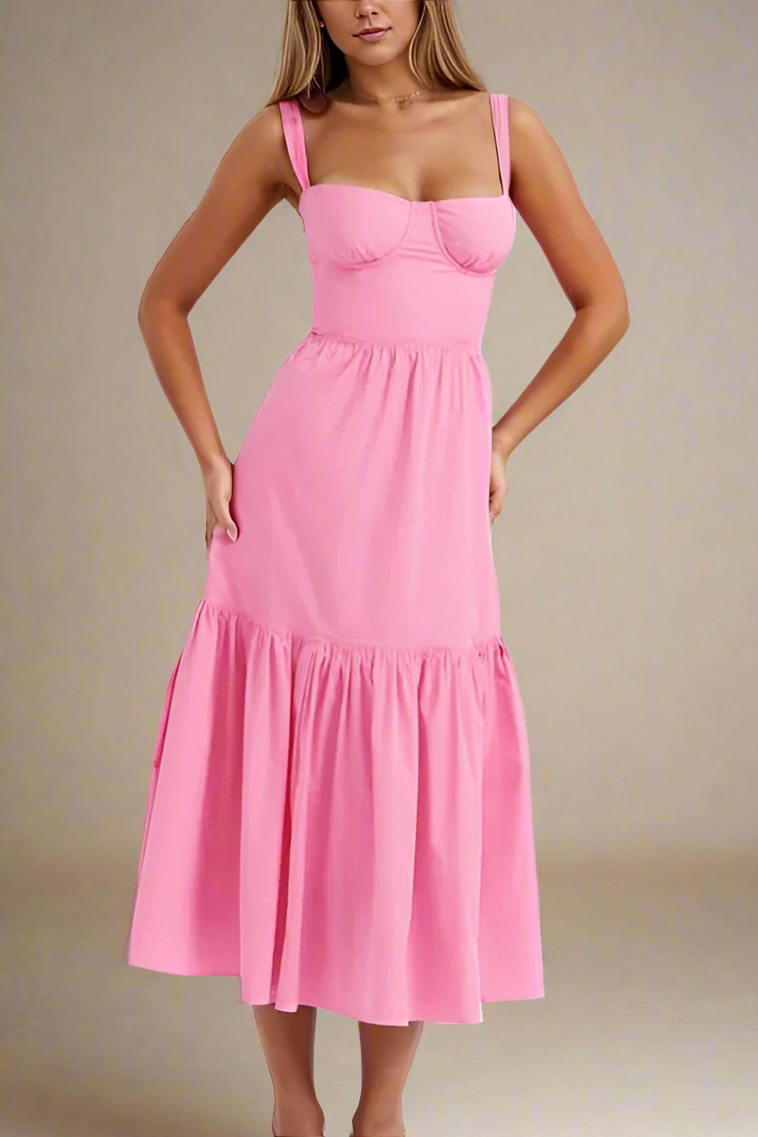 Woman wearing a figure flattering Imogen Bodycon Day Midi Dress - Blush Pink BODYCON COLLECTION