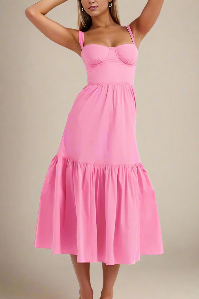 Woman wearing a figure flattering Imogen Bodycon Day Midi Dress - Blush Pink BODYCON COLLECTION